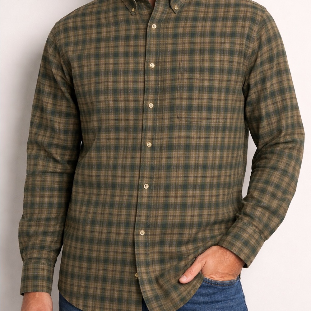 L.L. Bean Men’s Plaid Button-Down Shirt XL Tall 100% Cotton Green/Tan